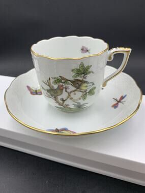 Herend Rothschild Hungary Demitasse Cup & Saucer Birds Butterfly Insects EUC!
